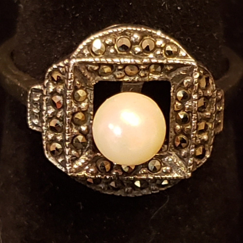 Vintage Judith Jack Pearl and marcasite in SS ring